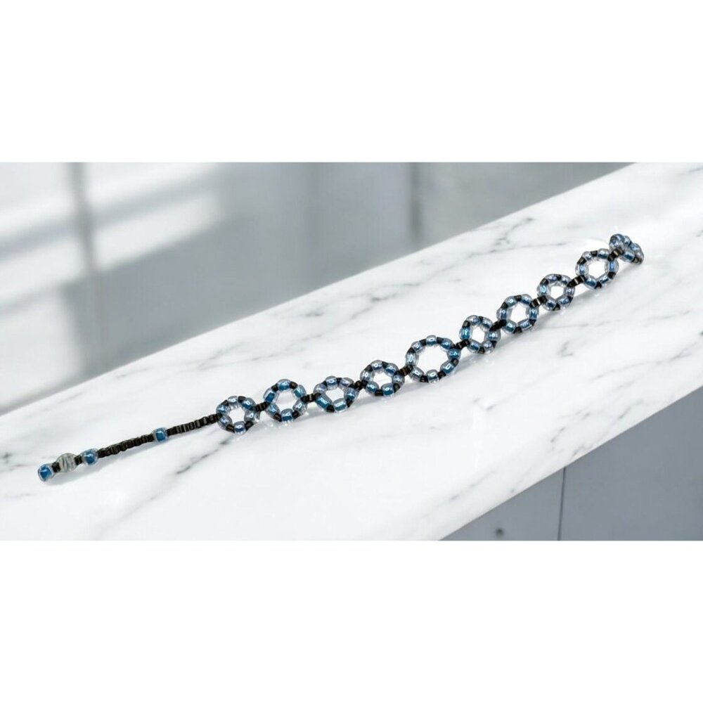 Handcrafted Beaded Blue Gray Bracelet Circles Rings Seed Beed